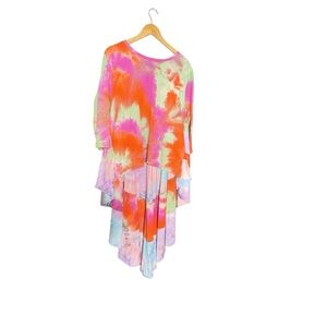 Why Dress Colorful Tie Dye Hi Low 3/4 Sleeve Tiered Ruffled Back NWT XL